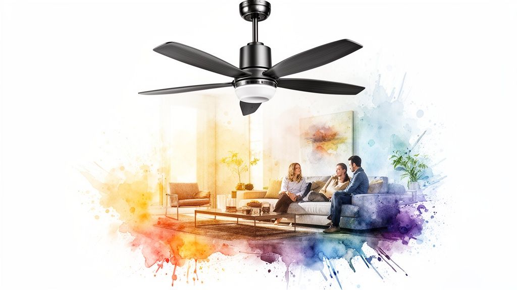 A black five-blade ceiling fan with a light illuminates a modern living room with people.