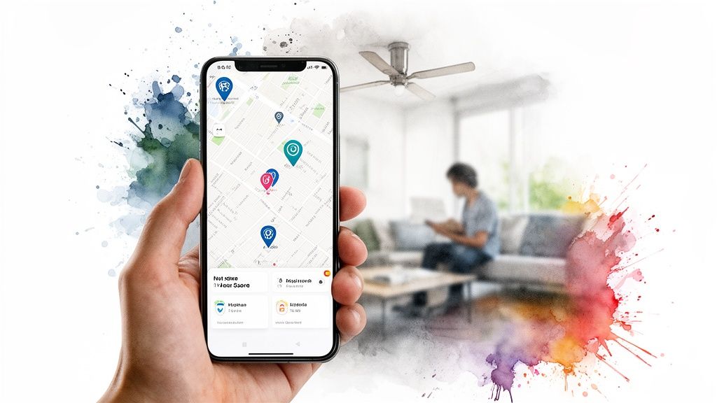 Hand holding a smartphone displaying a map with store locations, featuring a ceiling fan in the background.