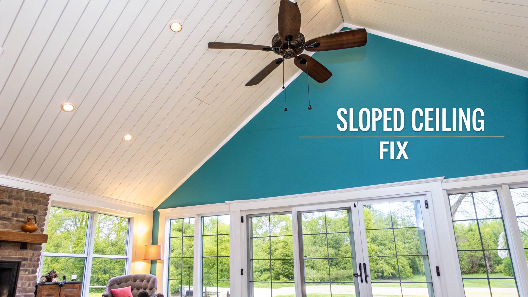 A modern living room with a high, sloped ceiling featuring a ceiling fan on a long downrod.