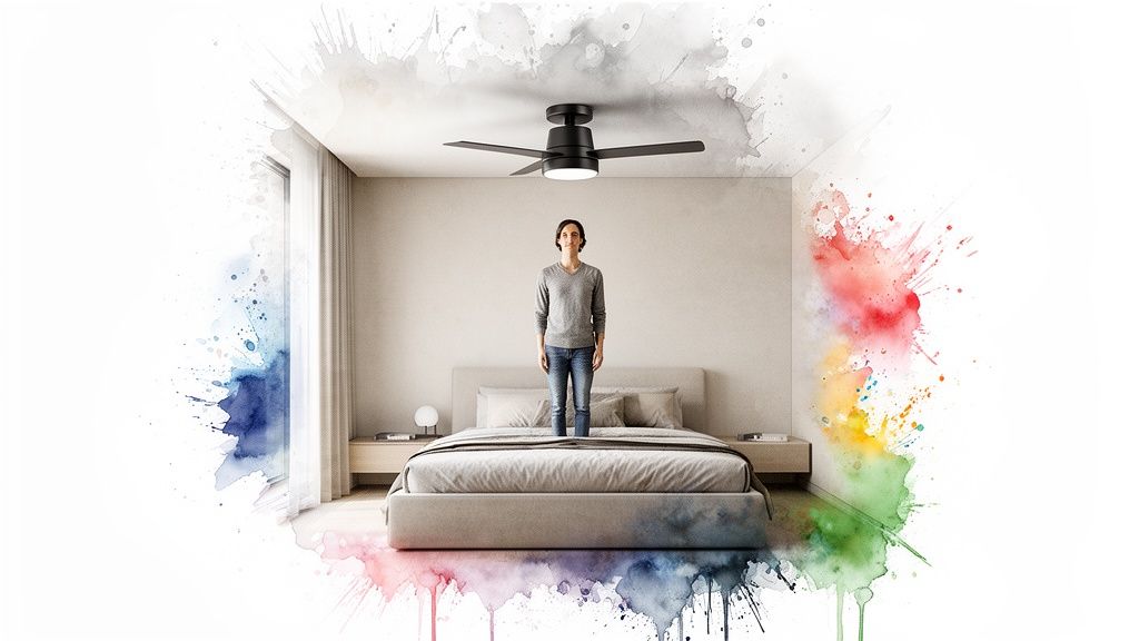 A person standing on a bed under a black ceiling fan in a modern bedroom with artistic watercolor splashes.