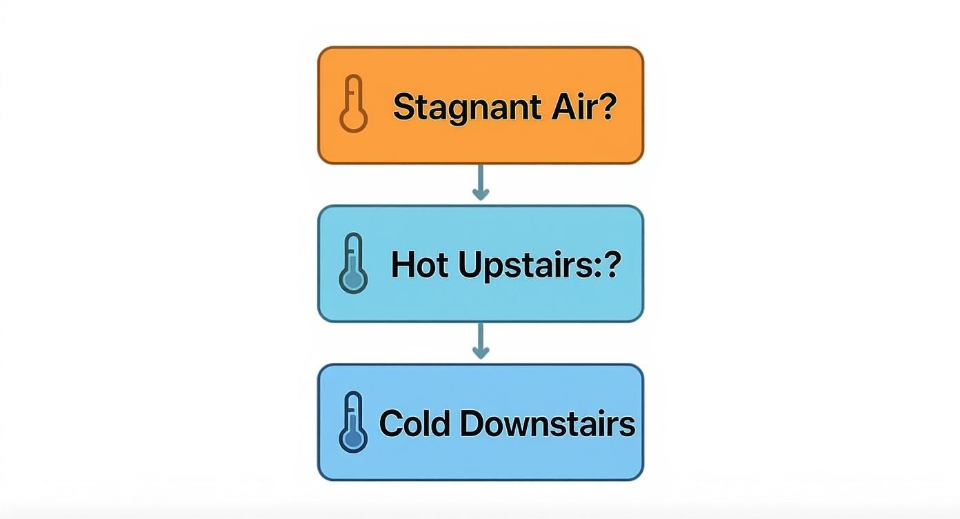 A flowchart illustrates how stagnant air can cause hot upstairs and cold downstairs.