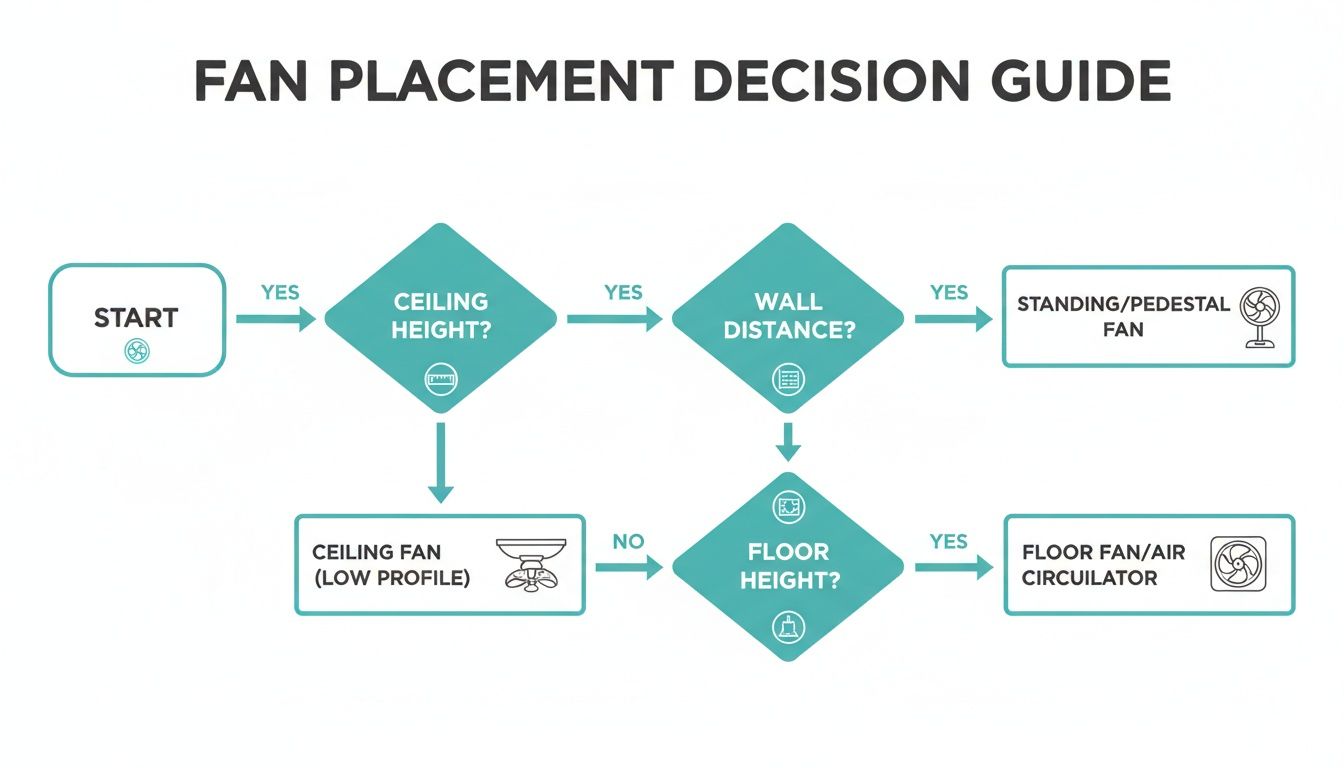 Flowchart guide to choosing the right fan placement based on ceiling height, wall distance, and floor height.