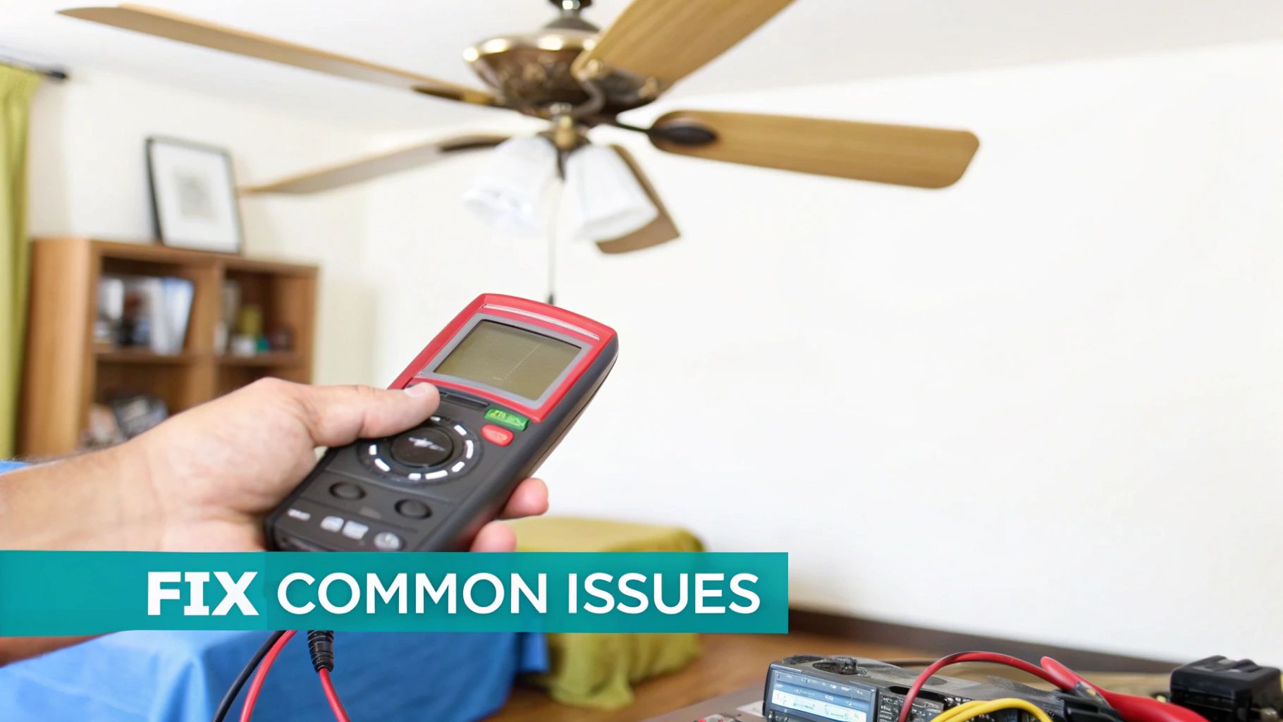 A person's hand holding a white ceiling fan remote, pointing it upwards as if to use it.