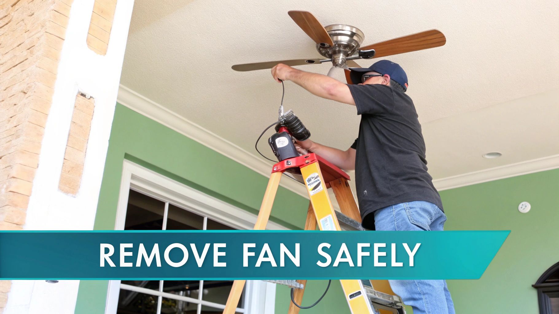 A person safely removing an old ceiling fan from the ceiling.
