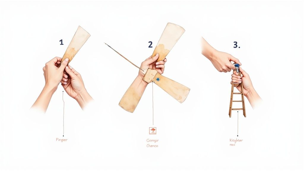 A person safely on a ladder, installing a farmhouse-style ceiling fan in a room with a vaulted wooden ceiling.