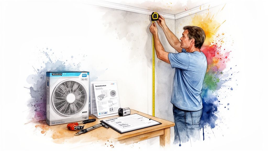 Man measuring wall with tape measure, next to ceiling fan box, tools, and manual on a table.