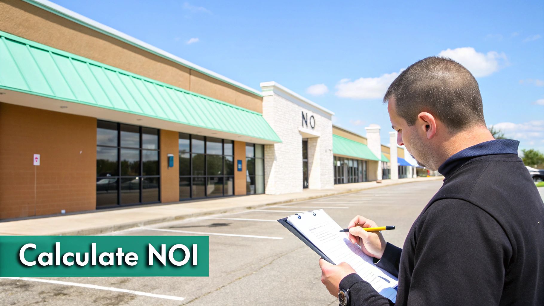 Man calculates NOI, inspecting a commercial property with a clipboard and pen under a blue sky.