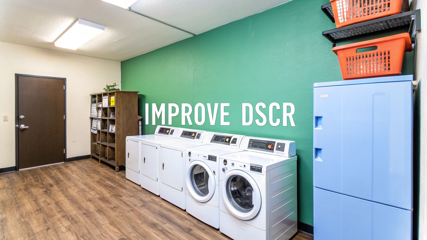 A bright laundry room with white washing machines, blue units, and orange baskets, featuring 'IMPROVE DSCR' text.