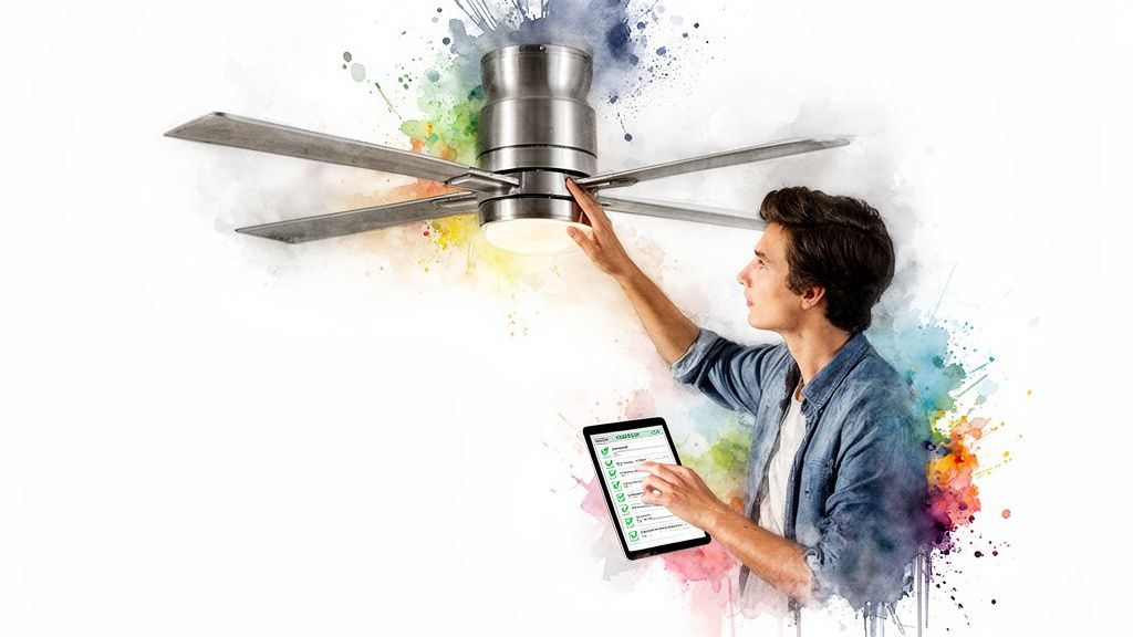 Young man setting up smart ceiling fan with a tablet, surrounded by colorful splashes.