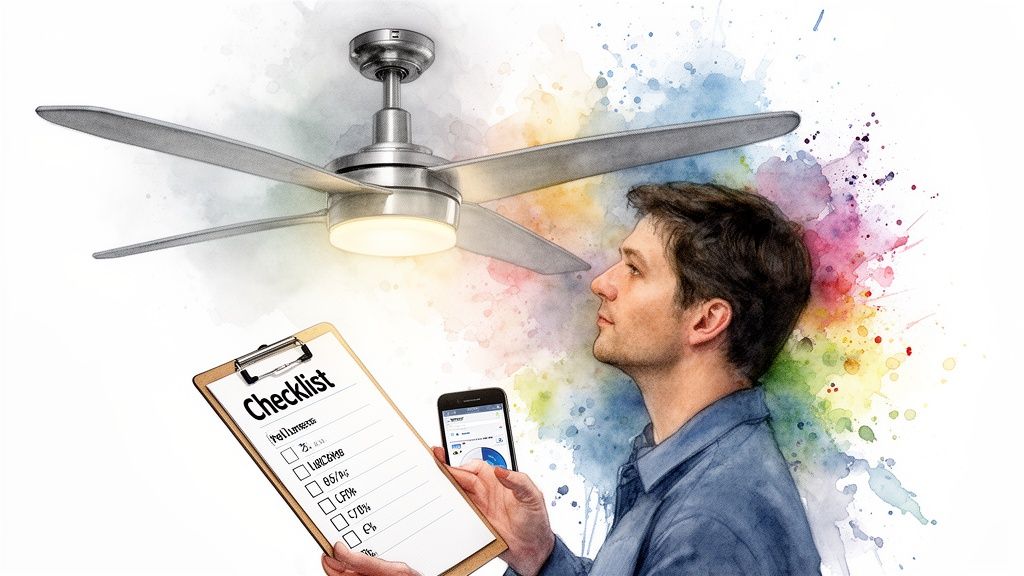 A man holds a checklist and smartphone while looking up at a modern ceiling fan with an LED light.