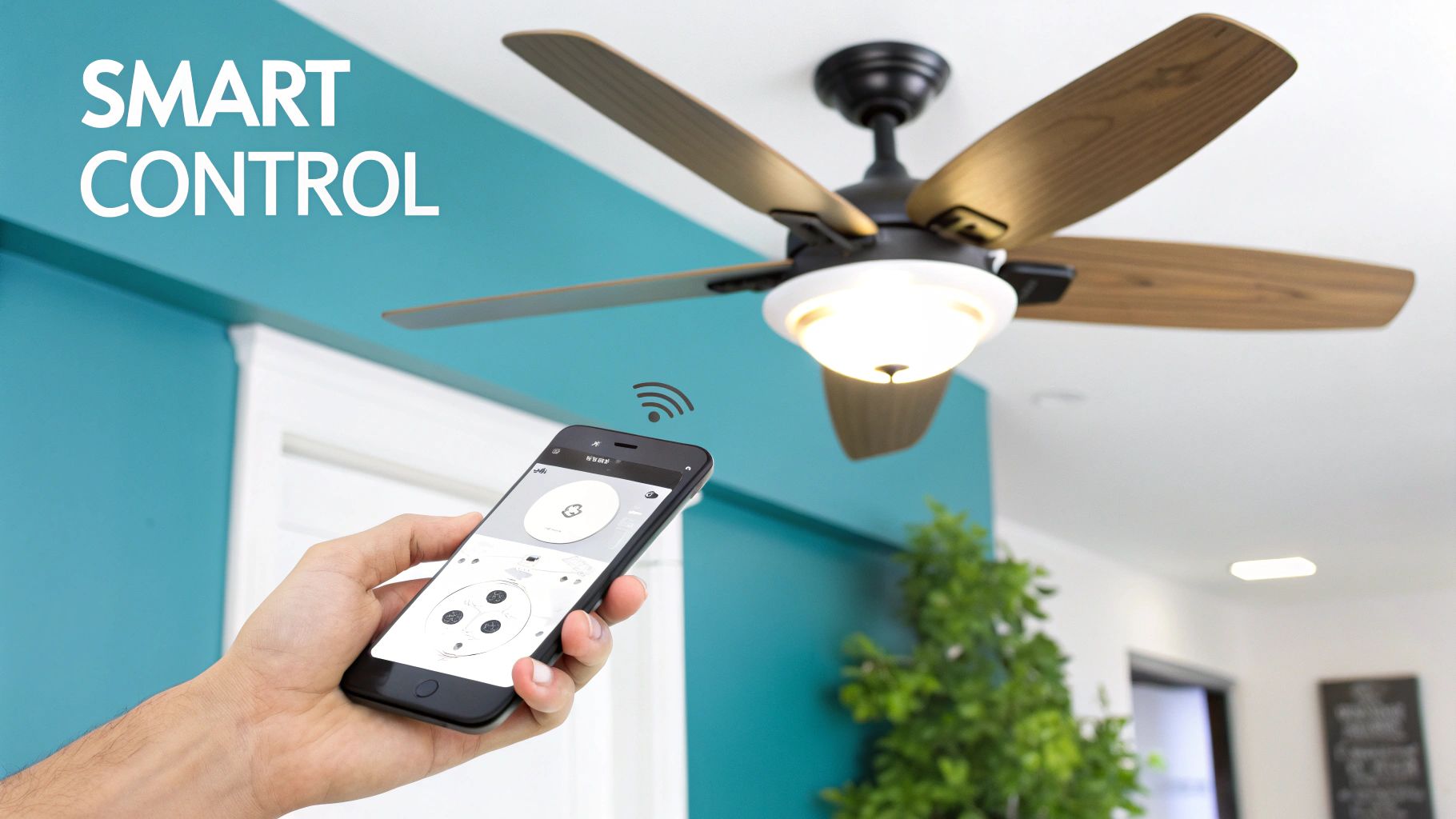 A hand uses a smartphone app to control a smart ceiling fan with a bright light.