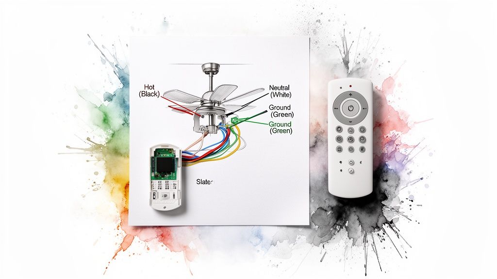 A detailed wiring diagram showing a ceiling fan connected to a receiver unit and controlled by a remote.