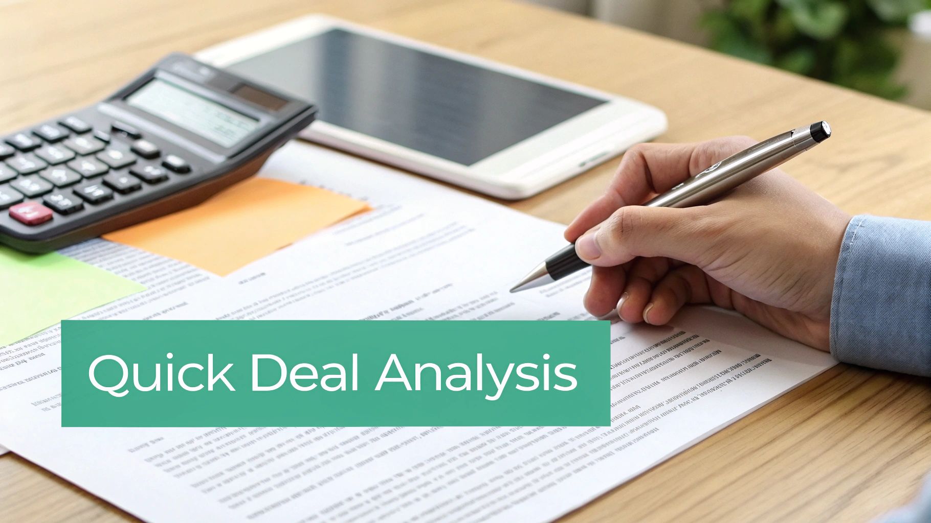 A person's hand holding a pen over documents with a calculator and tablet, for deal analysis.