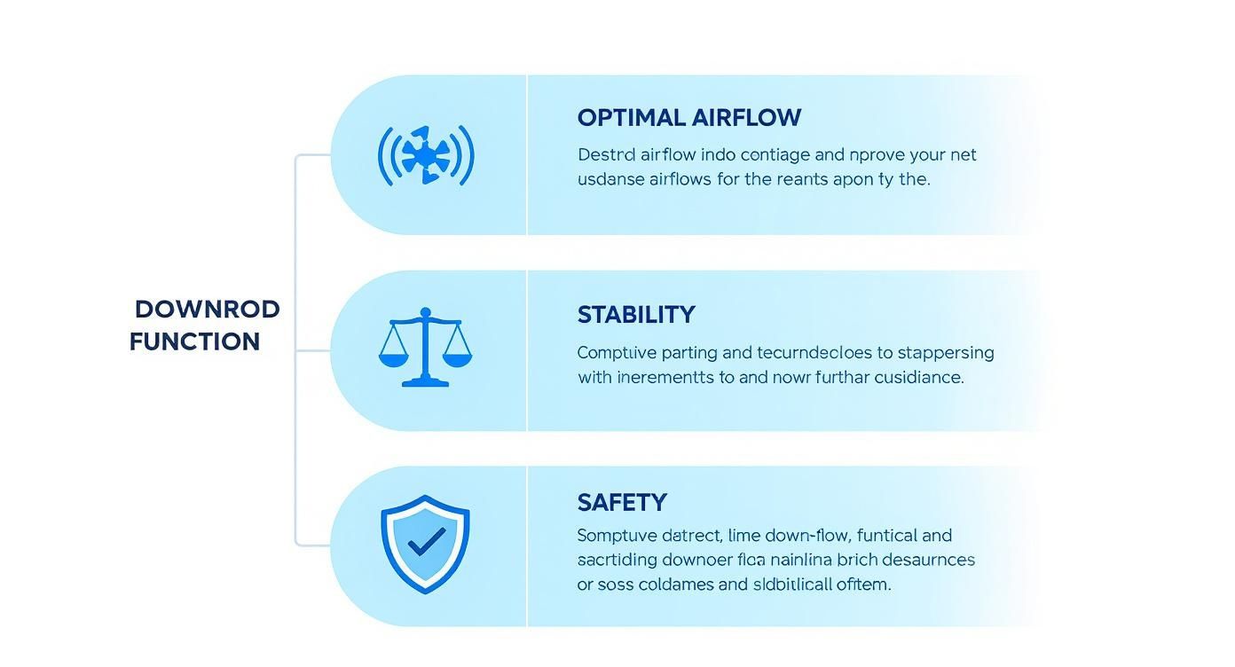 Diagram illustrating downrod functions for fans: optimal airflow, stability, and safety with icons.