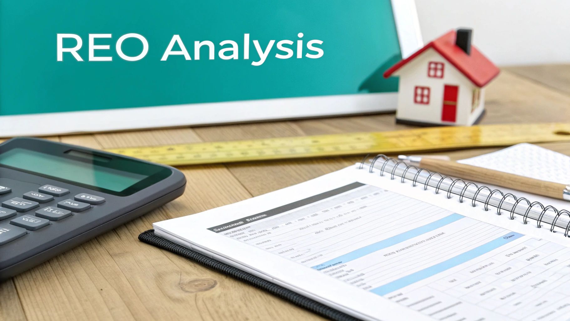 A desk with a tablet displaying 'REO Analysis', calculator, model house, and financial documents.