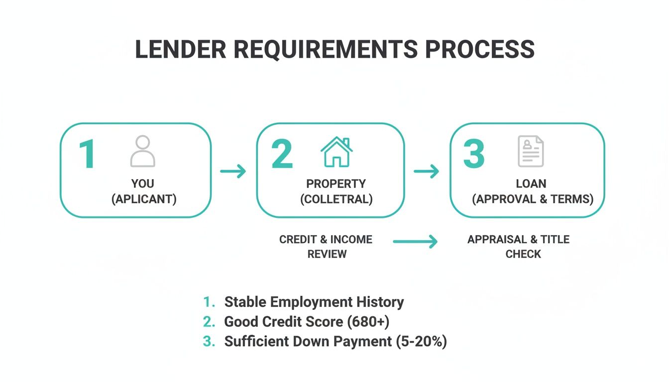 Flowchart illustrating the lender requirements process for loan approval, detailing applicant, property, and loan steps.