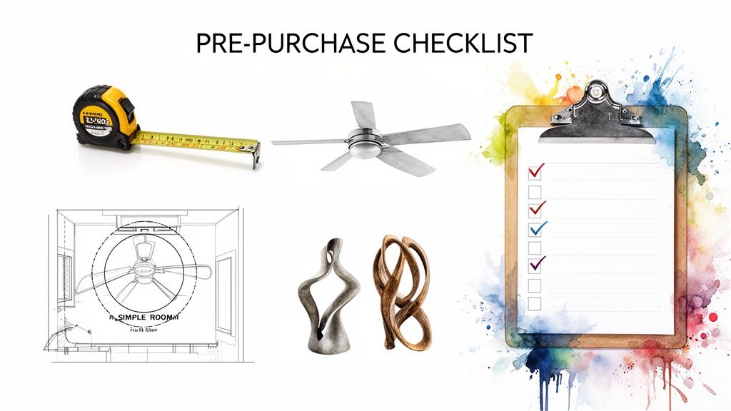 A visual pre-purchase checklist showing measuring tape, a ceiling fan, a room plan, and home decor items.