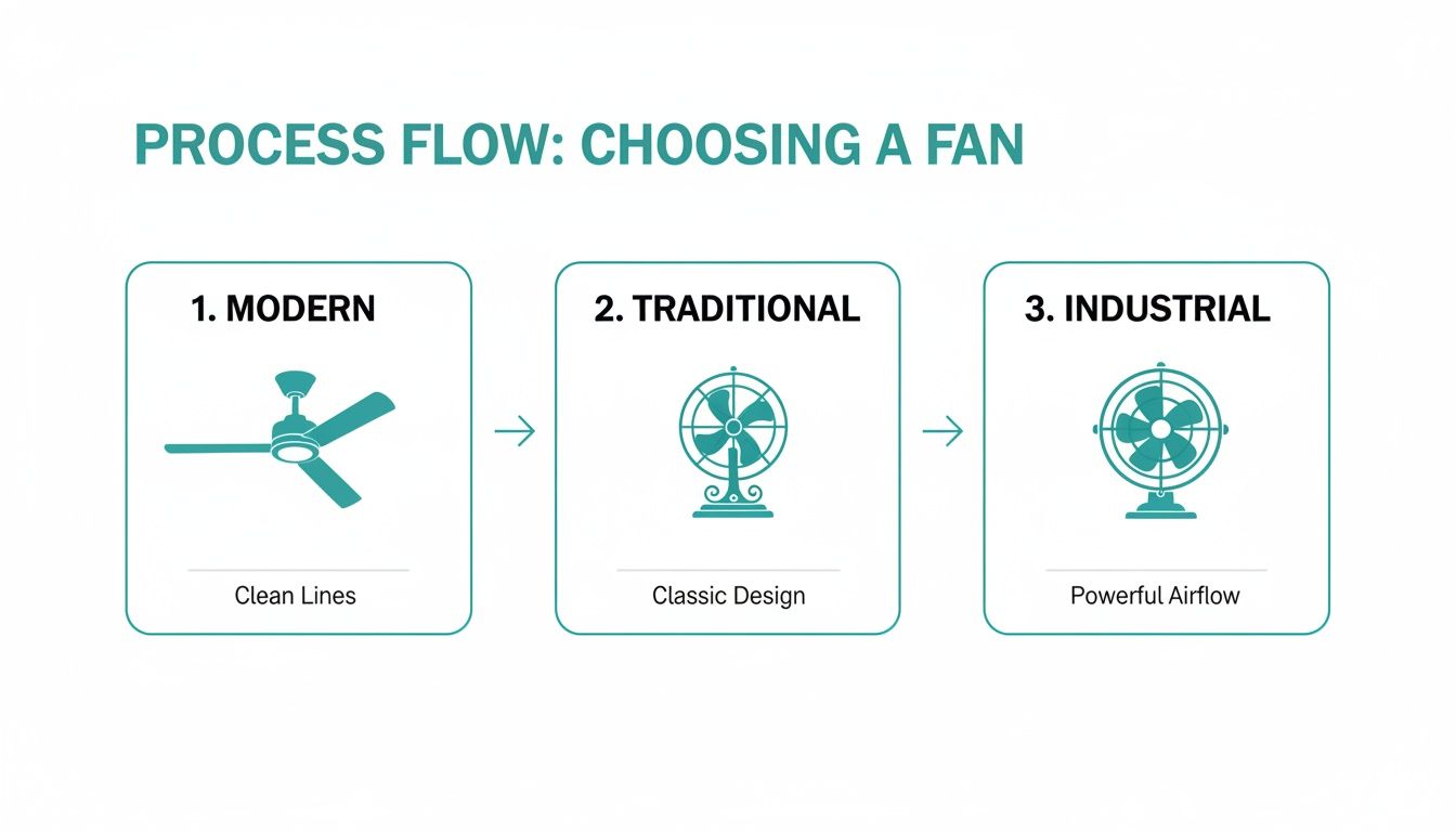 Process flow diagram illustrating three types of fans: Modern, Traditional, and Industrial, with their design characteristics.