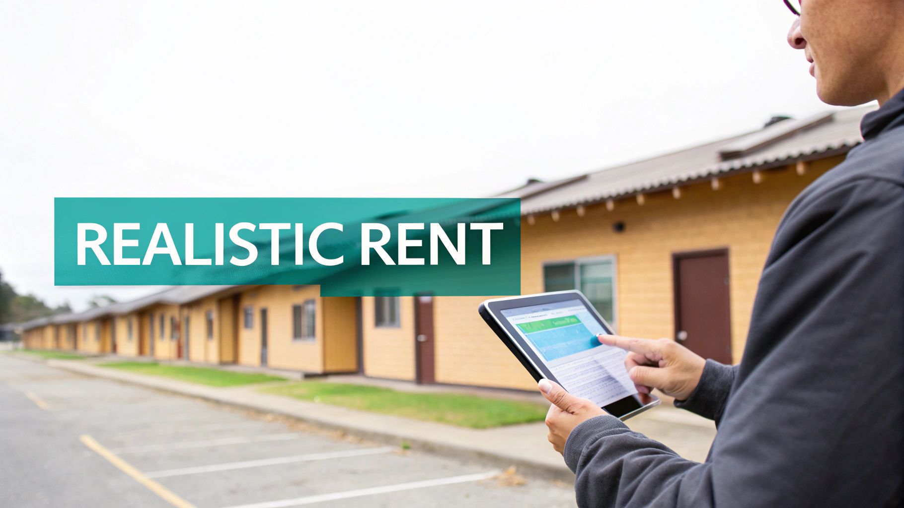 A person uses a tablet with 'REALISTIC RENT' text overlay, standing in front of rental properties.