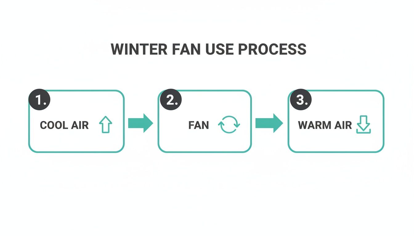 Diagram illustrating the winter fan use process: cool air rises, a fan circulates air, and warm air is pushed down.