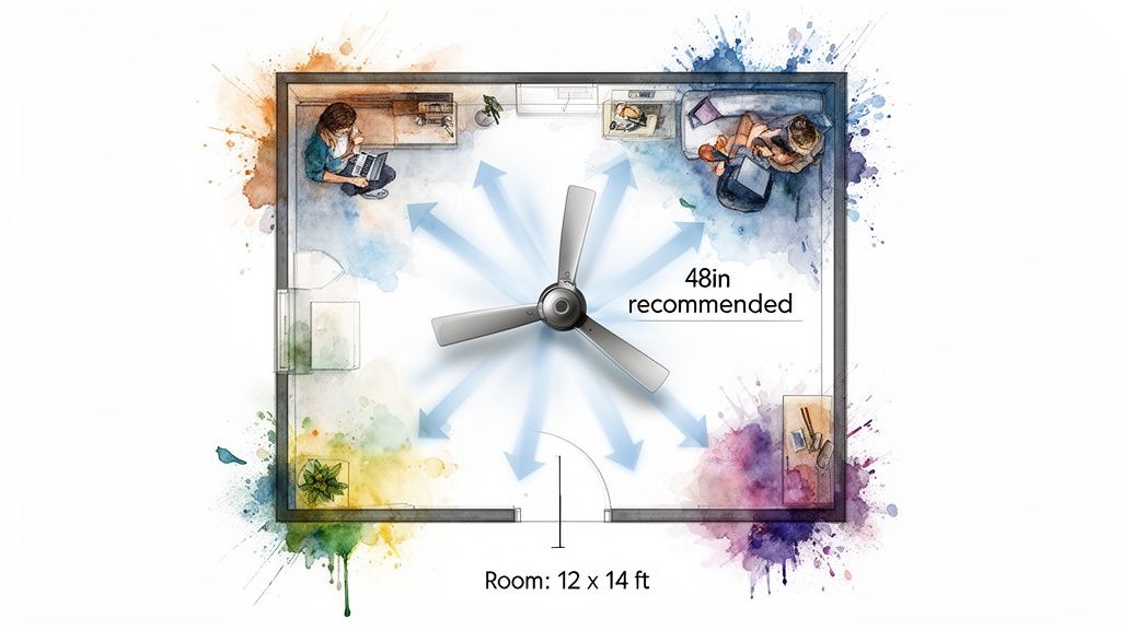 Top-down view of a 12x14 ft room showing a 48-inch ceiling fan distributing air to two people working.