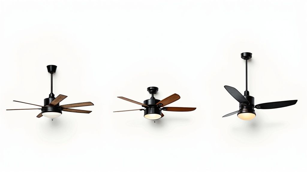 Three stylish ceiling fans with integrated lights, two featuring wooden blades and one with dark blades.