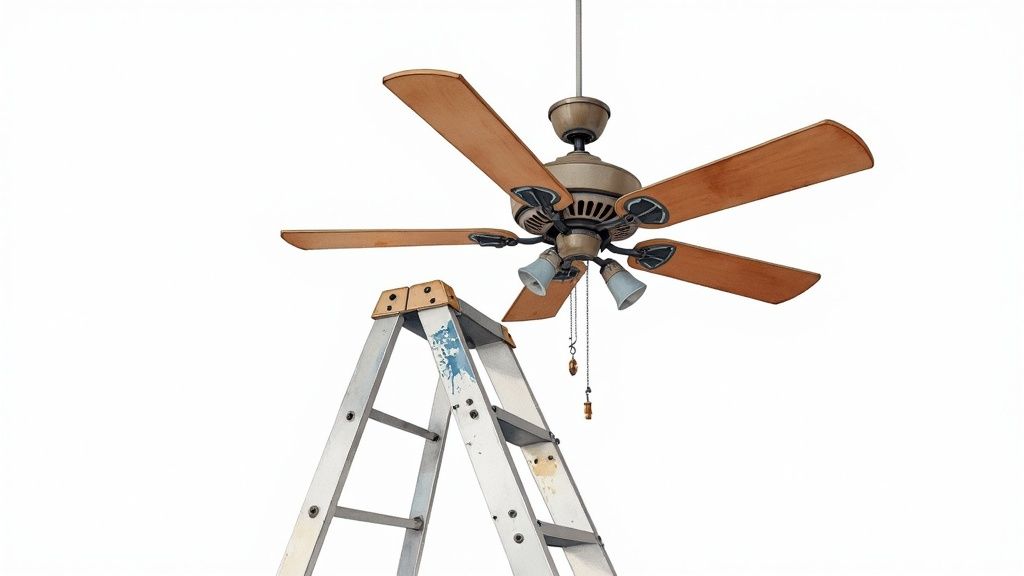 Ceiling fan with wooden blades mounted above aluminum ladder during installation process