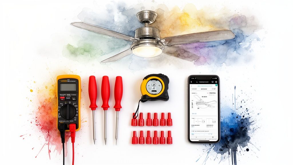 A multimeter, screwdrivers, tape measure, wire connectors, and a phone app for ceiling fan installation.
