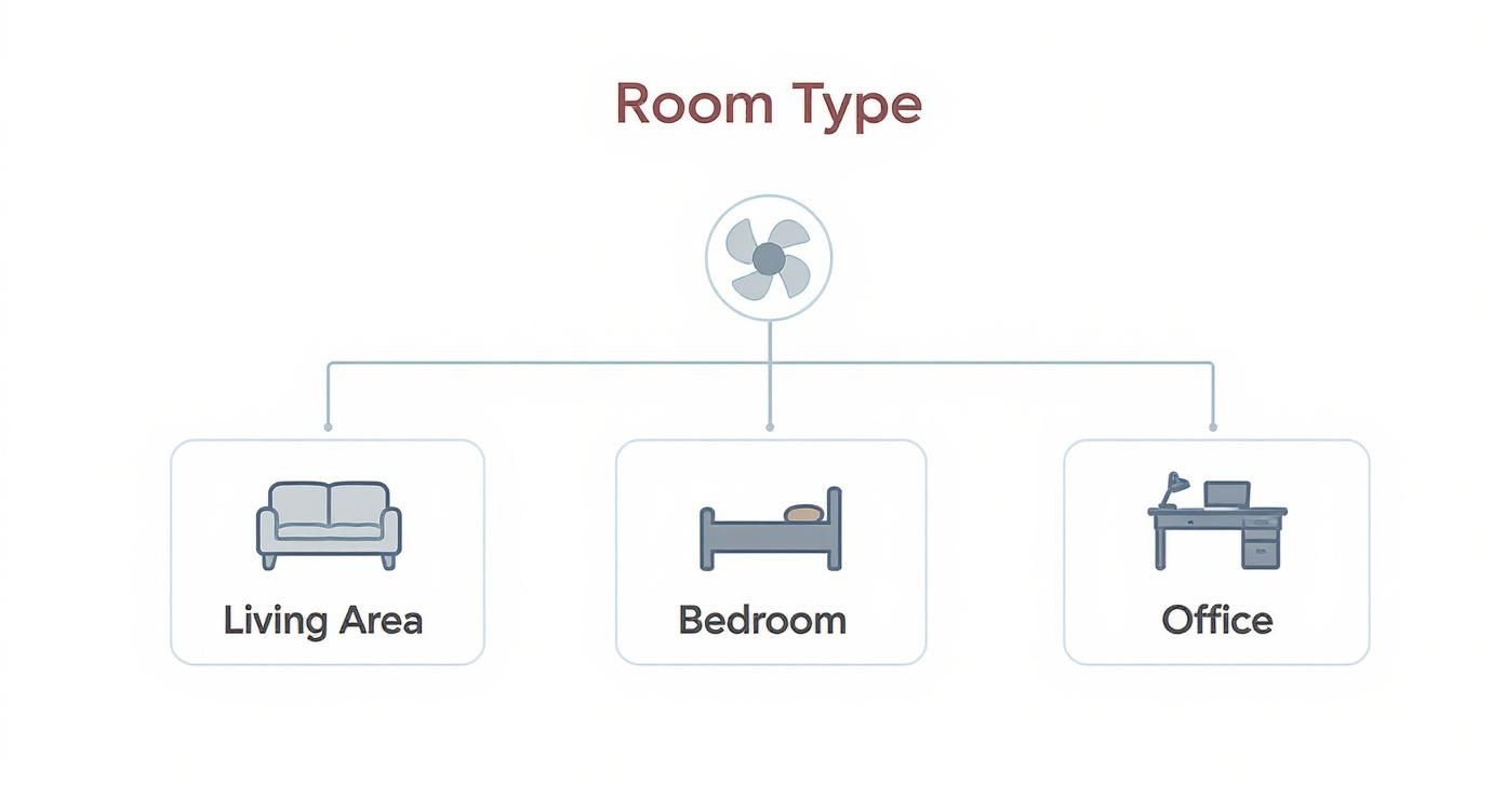 Infographic decision tree for choosing a ceiling fan with light kit based on room type like a living area, a bedroom, or an office.