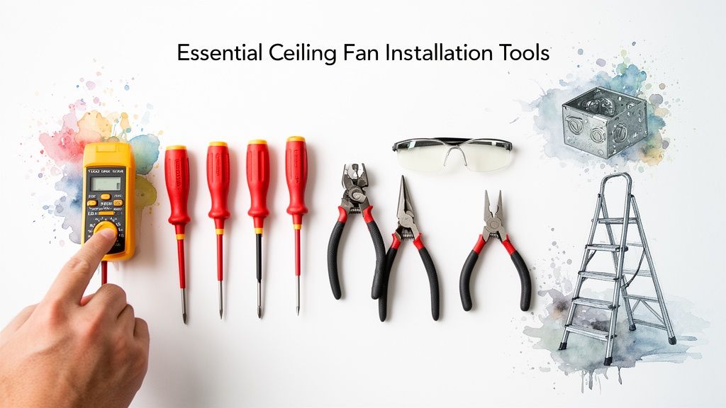A flat lay of essential tools for ceiling fan installation, including a multimeter, screwdrivers, pliers, and a ladder.