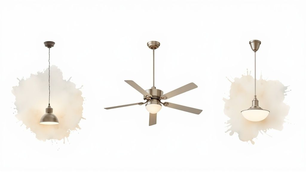 Three stylish ceiling fixtures: two pendant lights and one ceiling fan, all in a brushed metal finish.