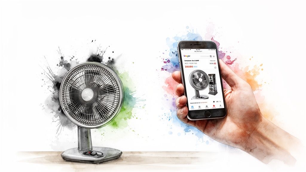 Watercolor sketch of a table fan next to a hand holding a smartphone displaying an online store.