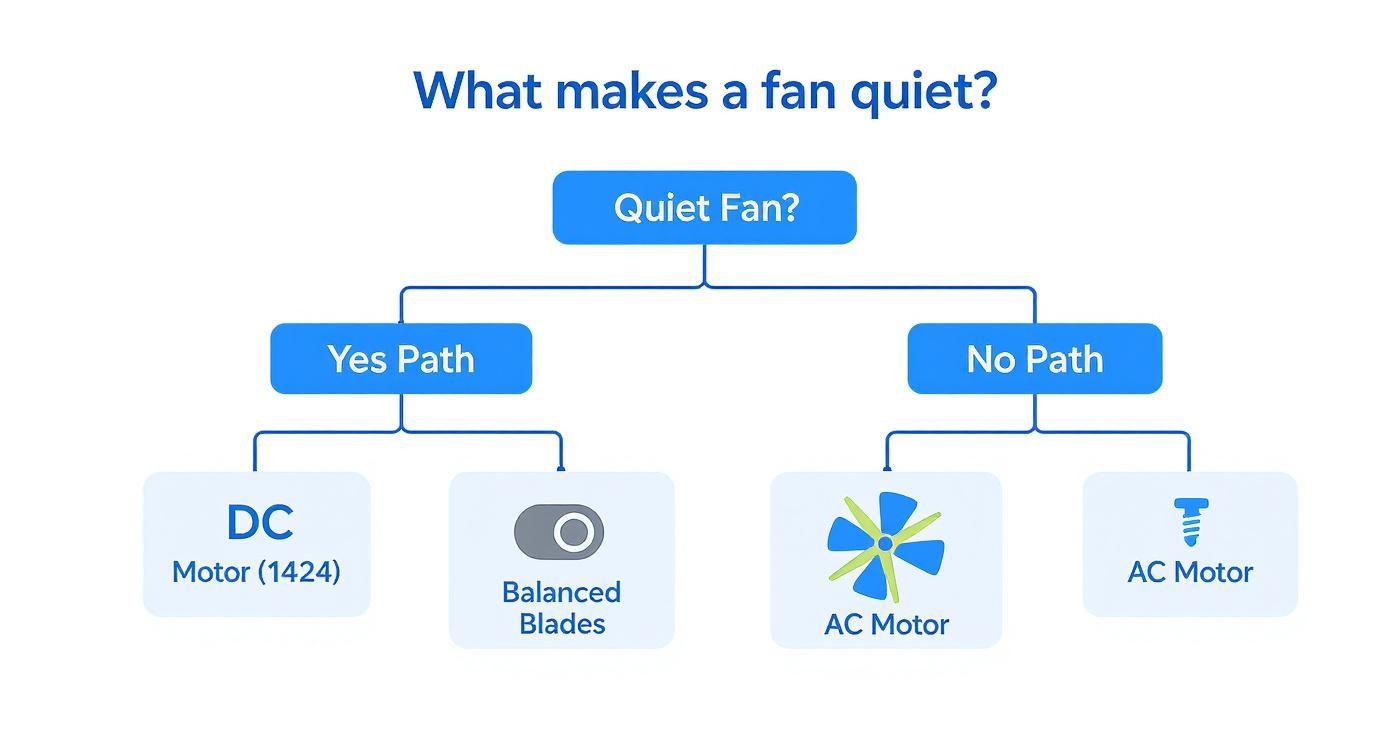 A flowchart detailing factors that contribute to a quiet fan, including DC motors and balanced blades.