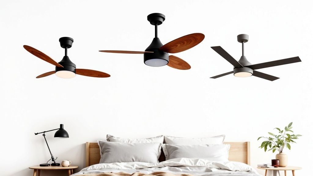 A sleek, modern ceiling fan with three dark wood blades installed in a minimalist living room with neutral-toned furniture.