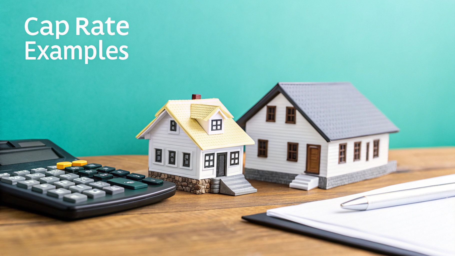 Miniature houses, a calculator, and documents on a desk illustrate cap rate examples.