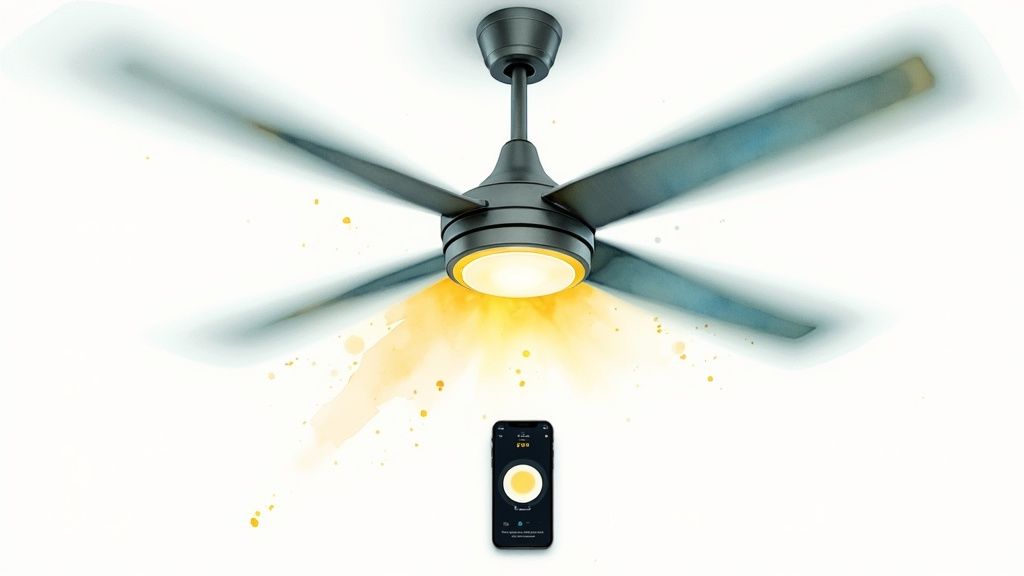 A modern, sleek ceiling fan with integrated lighting hangs from a wooden beam ceiling.