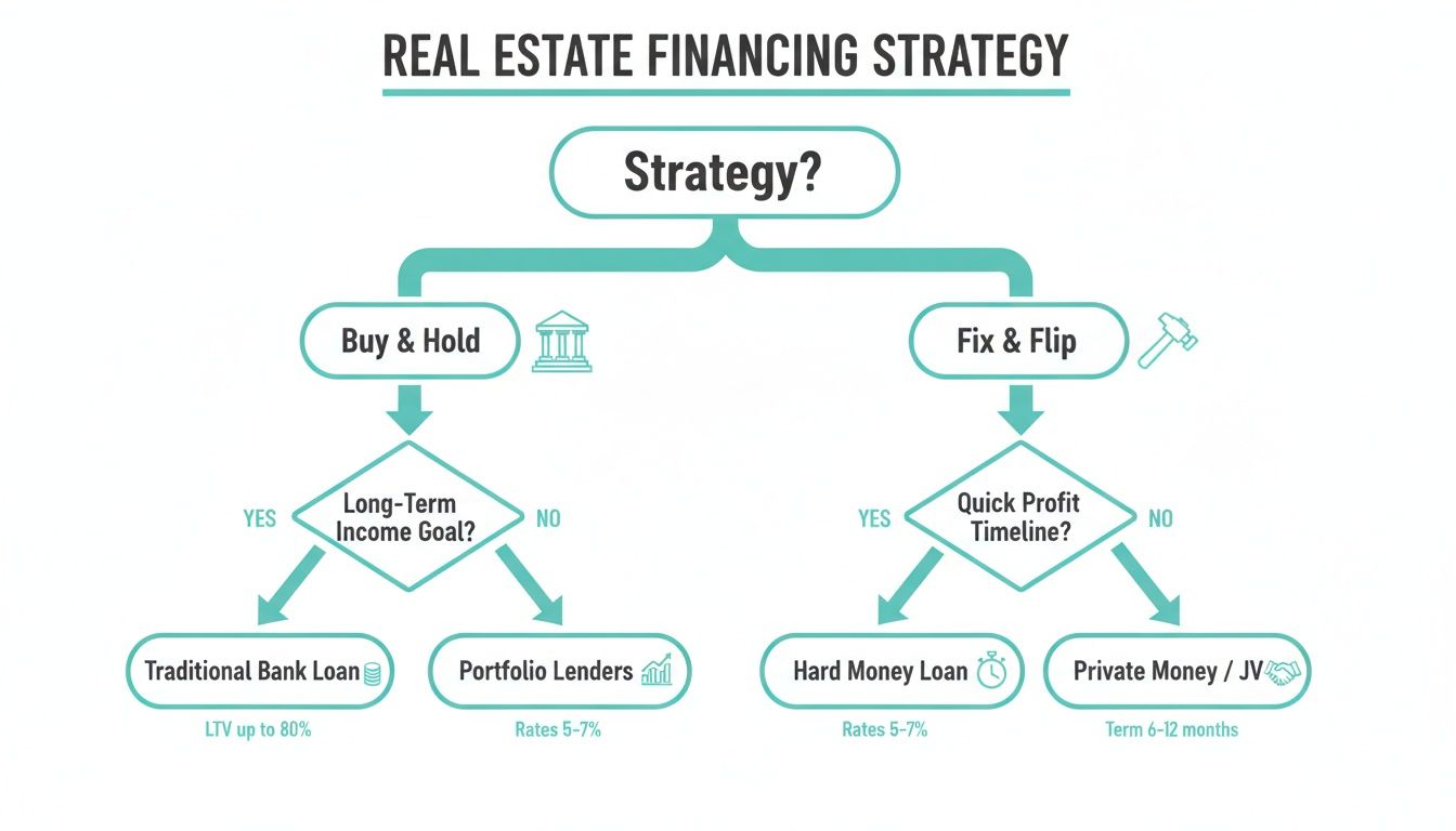 A flowchart detailing real estate financing strategies for investors based on investment type and profit timeline.