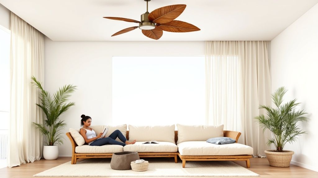 A stylish palm ceiling fan with wide, natural-looking blades in a bright, coastal-themed living room.
