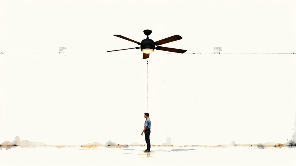 A stylish 60 inch outdoor ceiling fan installed on a covered patio with comfortable seating.