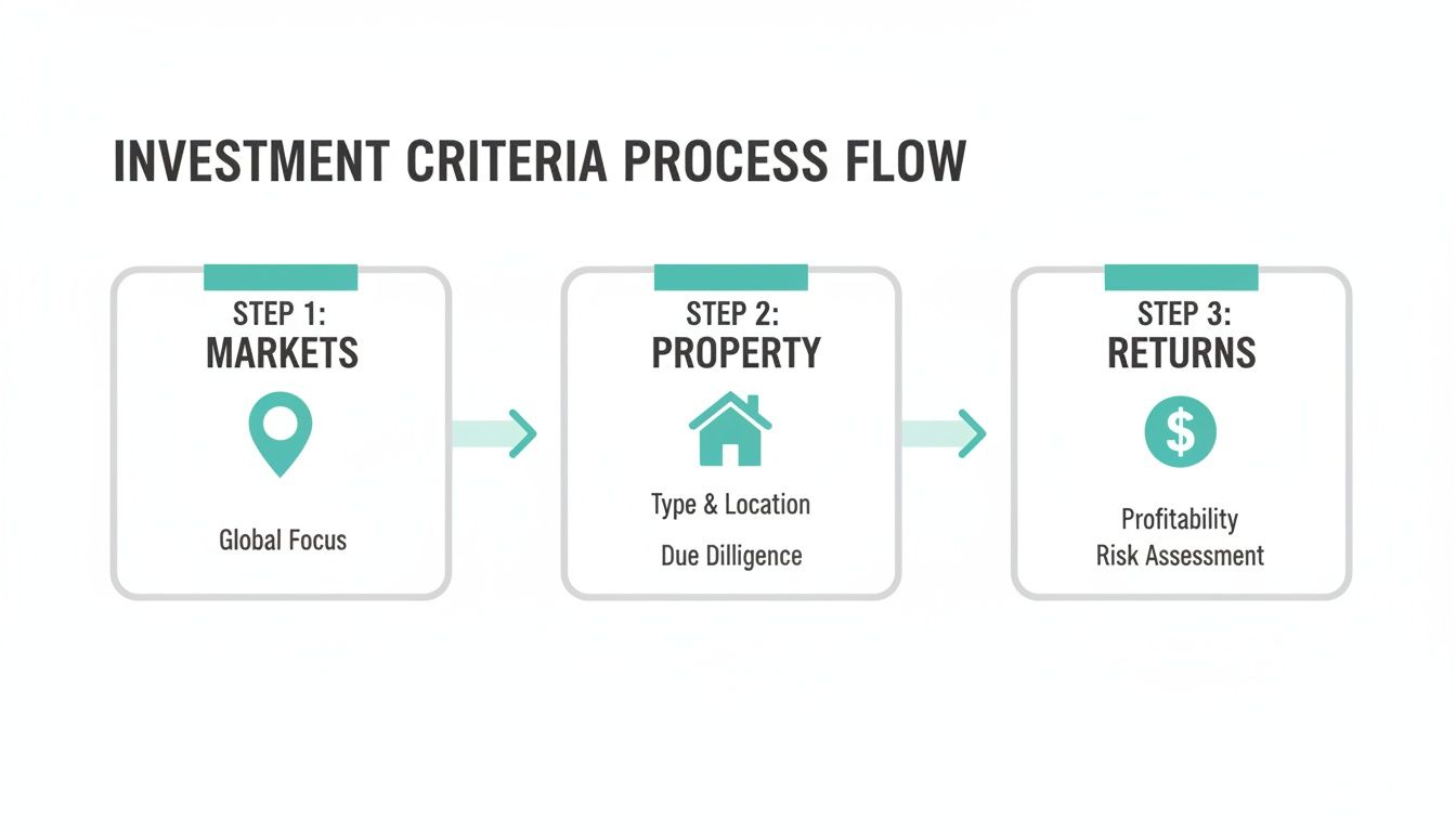 Flowchart outlining the investment criteria process for markets, property, and returns with key considerations.