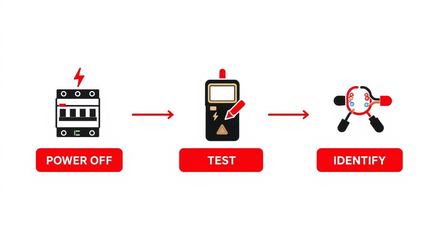 A three-step diagram showing electrical safety: power off circuit breaker, test with multimeter, and identify wires.