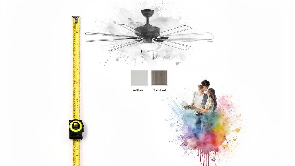 Watercolor sketch of a ceiling fan, measuring tape, and people considering modern or traditional styles.