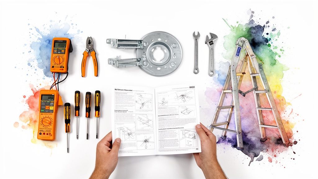 Flat lay of various tools, including multimeters and a ladder, alongside a ceiling fan instruction manual.