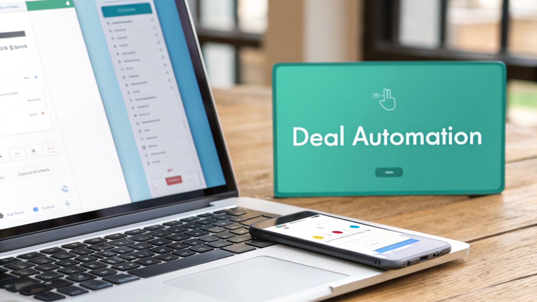 A laptop and smartphone displaying business applications, alongside a 'Deal Automation' sign on a wooden desk.