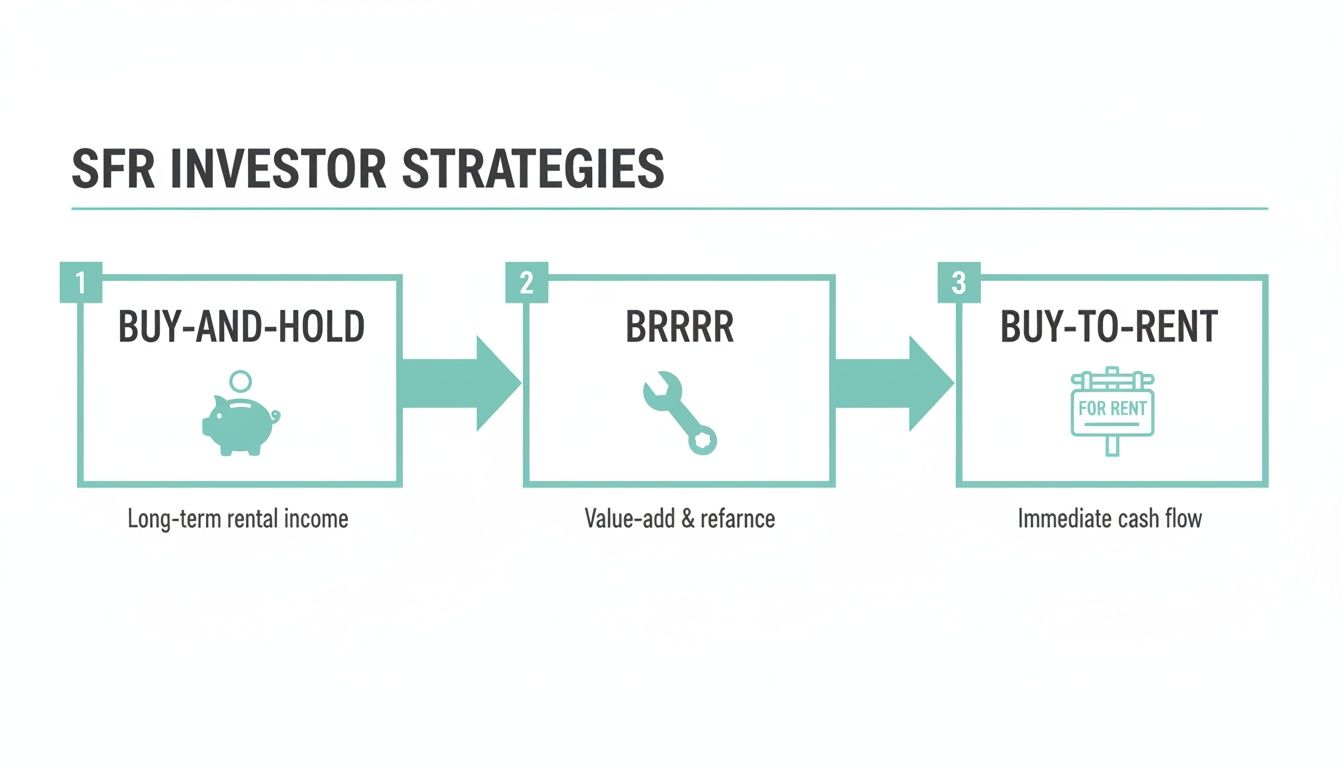 A flowchart illustrating three SFR investor strategies: Buy-and-Hold, BRRRR, and Buy-to-Rent.