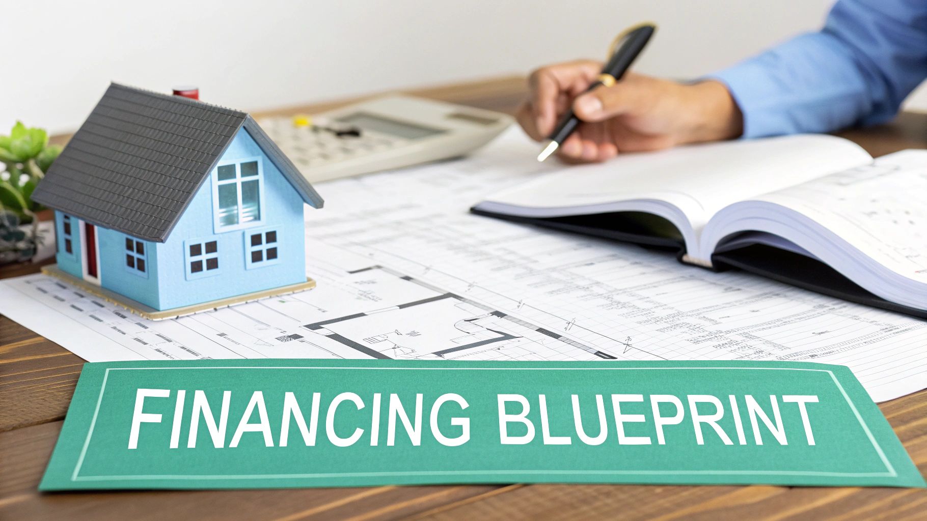 Miniature blue house model on blueprints with a person writing, symbolizing a financial plan for real estate.