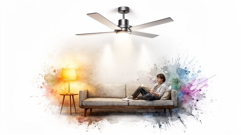 A modern ceiling fan lights a woman reading on a sofa with a lamp in a colorful living room.
