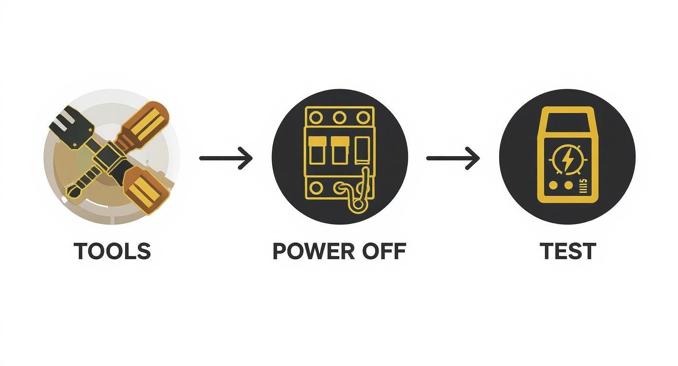 Infographic showing three steps for electrical safety: tools, power off, and test.