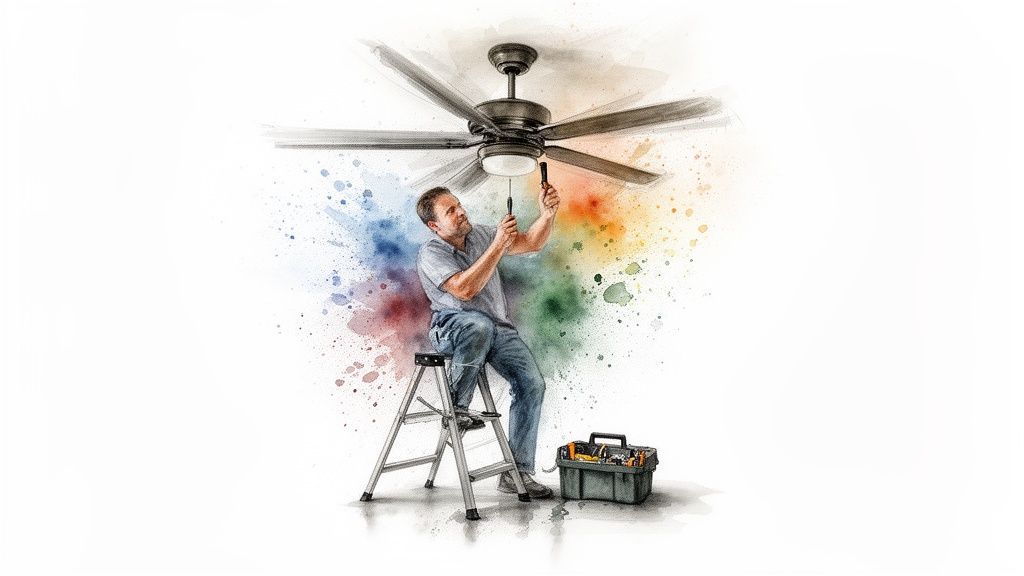 A man on a step ladder repairing a ceiling fan, with colorful paint splatters.