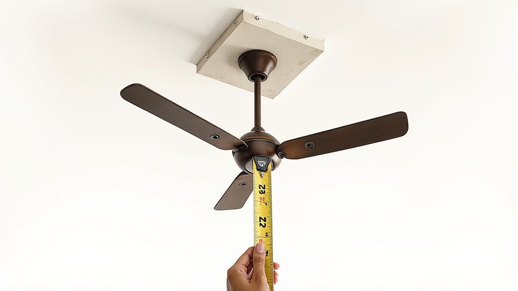 A hand measures the downrod length of a bronze ceiling fan with a yellow tape measure, showing about 22 inches.